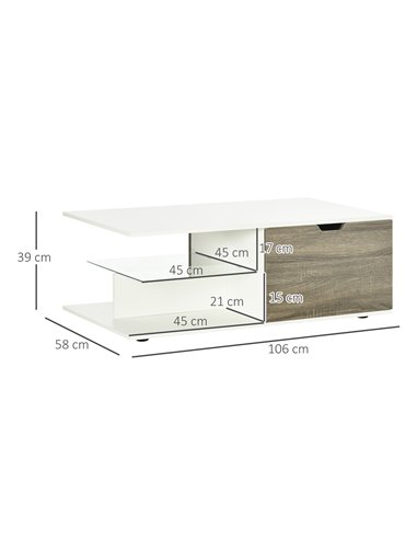 HOMCOM Coffee Table, Modern Tea Table with Tempered Glass Shelves, and Two Drawers, Coffee Tables for Living Room, Bed Room, Whi