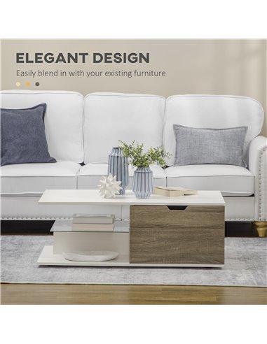 HOMCOM Coffee Table, Modern Tea Table with Tempered Glass Shelves, and Two Drawers, Coffee Tables for Living Room, Bed Room, Whi