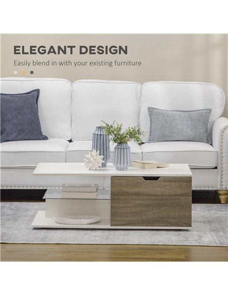 HOMCOM Coffee Table, Modern Tea Table with Tempered Glass Shelves, and Two Drawers, Coffee Tables for Living Room, Bed Room, Whi - pic 7409 | FastDaddyshop
