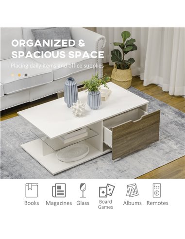 HOMCOM Coffee Table, Modern Tea Table with Tempered Glass Shelves, and Two Drawers, Coffee Tables for Living Room, Bed Room, Whi