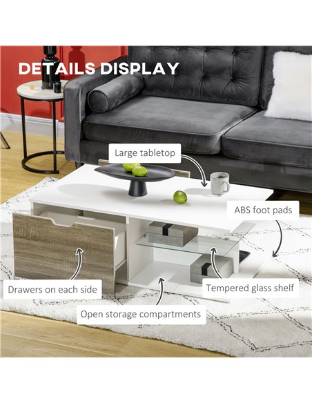 HOMCOM Coffee Table, Modern Tea Table with Tempered Glass Shelves, and Two Drawers, Coffee Tables for Living Room, Bed Room, Whi - pic 7411 | FastDaddyshop