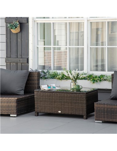 Outsunny Rattan Garden Furniture Coffee Table Patio Tempered Glass (Mixed Brown)