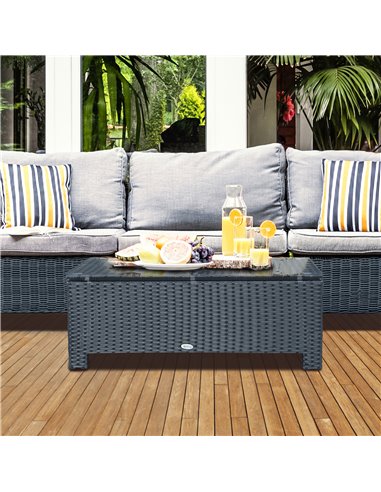 Outsunny Rattan Garden Furniture Coffee Table Patio Iron Frame Tempered Glass (Black)