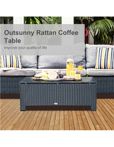 Outsunny Rattan Garden Furniture Coffee Table Patio Iron Frame Tempered Glass (Black)