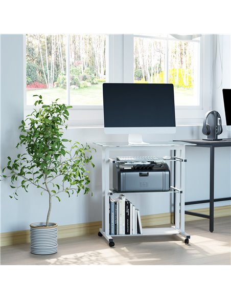HOMCOM Computer Desk Glass Table Workstation Laptop pc desk mobile  with wheels White - pic 7470 | FastDaddyshop