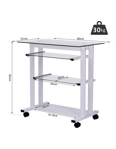 HOMCOM Computer Desk Glass Table Workstation Laptop pc desk mobile  with wheels White