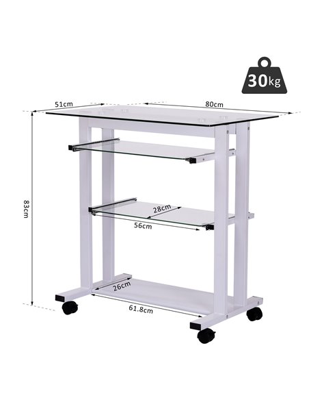 HOMCOM Computer Desk Glass Table Workstation Laptop pc desk mobile  with wheels White - pic 7471 | FastDaddyshop