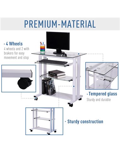 HOMCOM Computer Desk Glass Table Workstation Laptop pc desk mobile  with wheels White