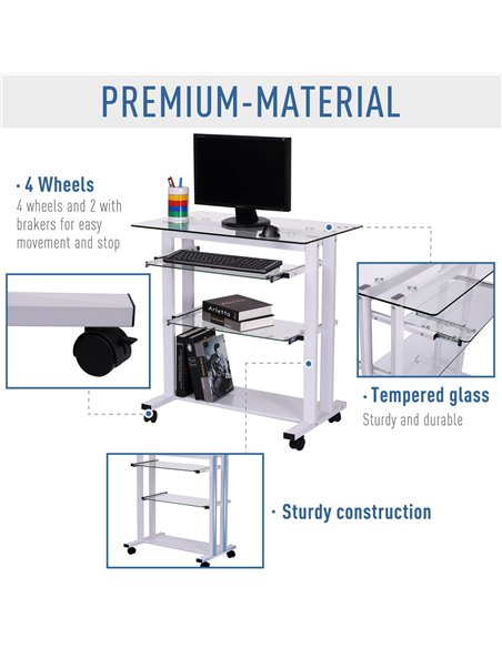 HOMCOM Computer Desk Glass Table Workstation Laptop pc desk mobile  with wheels White - pic 7473 | FastDaddyshop