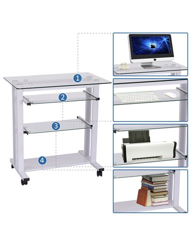 HOMCOM Computer Desk Glass Table Workstation Laptop pc desk mobile  with wheels White