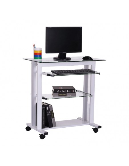 Homcom Computer Desk, Glass Table with wheels, White - pic 7503 | FastDaddyshop