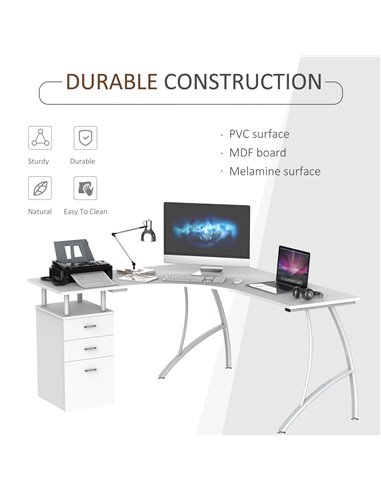 HOMCOM Corner Computer Desk Home Office L-Shaped  Study PC Table Furniture Writing Workstation (White)