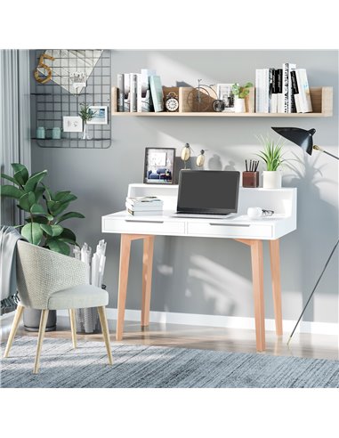 HOMCOM Retro Style Computer Desk Side Console Writing Table Study Workstation 2 Drawers Storage Shelves Home Office Furniture Wo