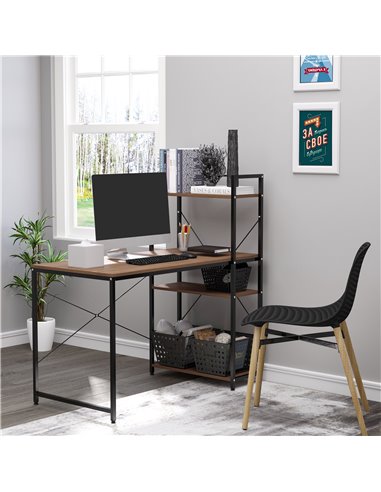 HOMCOM Computer Desk PC Table  Study Workstation Home Office with 4-tier Bookshelf Storage Metal Frame Wooden Top (Walnut & Blac