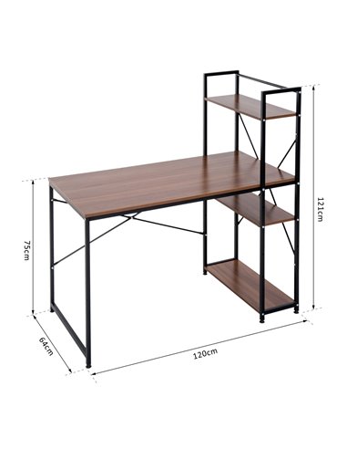 HOMCOM Computer Desk PC Table  Study Workstation Home Office with 4-tier Bookshelf Storage Metal Frame Wooden Top (Walnut & Blac