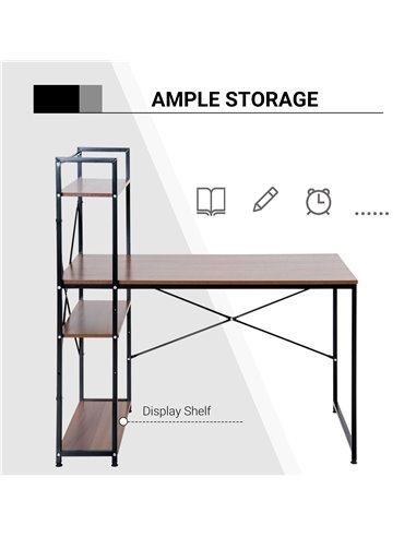 HOMCOM Computer Desk PC Table  Study Workstation Home Office with 4-tier Bookshelf Storage Metal Frame Wooden Top (Walnut & Blac