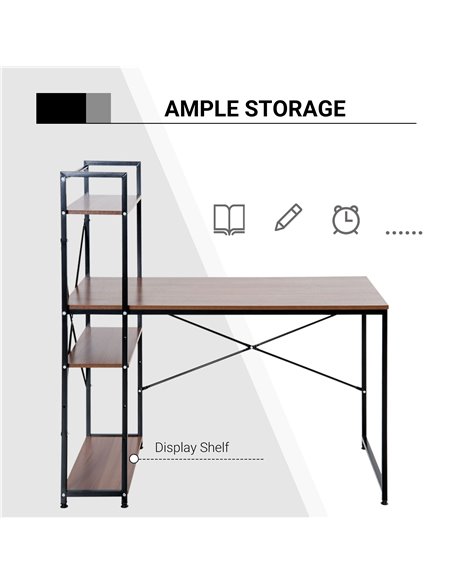 HOMCOM Computer Desk PC Table  Study Workstation Home Office with 4-tier Bookshelf Storage Metal Frame Wooden Top (Walnut & Blac - pic 7540 | FastDaddyshop