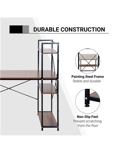 HOMCOM Computer Desk PC Table  Study Workstation Home Office with 4-tier Bookshelf Storage Metal Frame Wooden Top (Walnut & Blac
