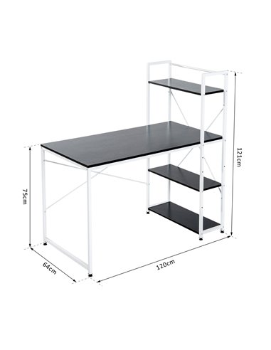 HOMCOM Computer Desk PC Table Study Workstation Home Office with 4-tier Bookshelf Storage Metal Frame Wooden Top (Black & White)