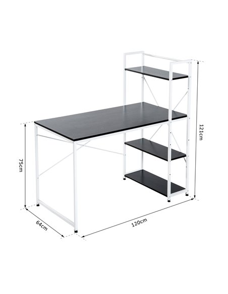HOMCOM Computer Desk PC Table Study Workstation Home Office with 4-tier Bookshelf Storage Metal Frame Wooden Top (Black & White) - pic 7546 | FastDaddyshop