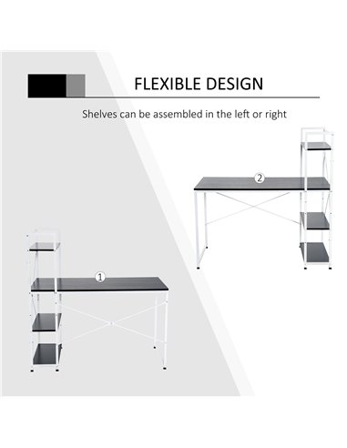 HOMCOM Computer Desk PC Table Study Workstation Home Office with 4-tier Bookshelf Storage Metal Frame Wooden Top (Black & White)