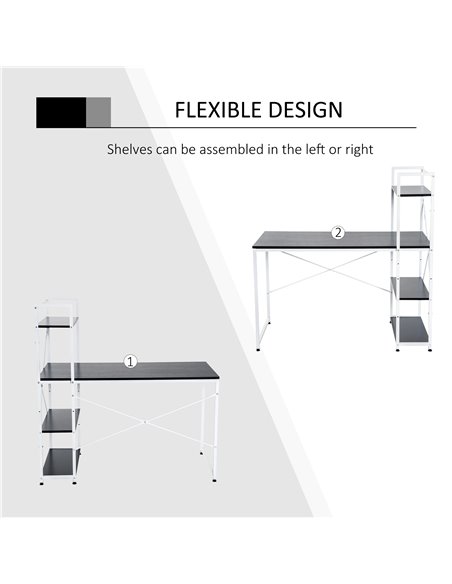 HOMCOM Computer Desk PC Table Study Workstation Home Office with 4-tier Bookshelf Storage Metal Frame Wooden Top (Black & White) - pic 7547 | FastDaddyshop