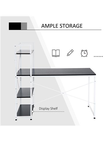 HOMCOM Computer Desk PC Table Study Workstation Home Office with 4-tier Bookshelf Storage Metal Frame Wooden Top (Black & White)