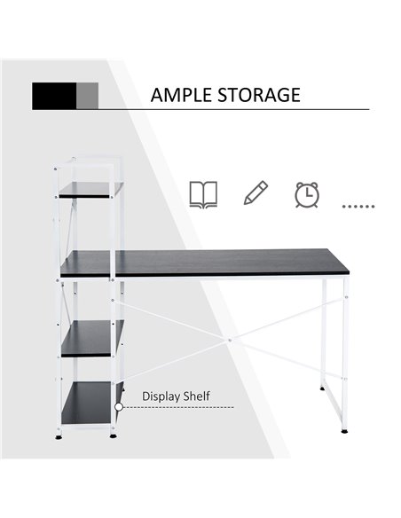 HOMCOM Computer Desk PC Table Study Workstation Home Office with 4-tier Bookshelf Storage Metal Frame Wooden Top (Black & White) - pic 7548 | FastDaddyshop