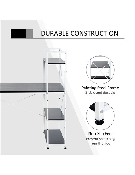 HOMCOM Computer Desk PC Table Study Workstation Home Office with 4-tier Bookshelf Storage Metal Frame Wooden Top (Black & White) - pic 7549 | FastDaddyshop
