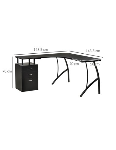 HOMCOM L-Shaped Computer Desk Table with Storage Drawer Home Office Corner Industrial Style Workstation, Black