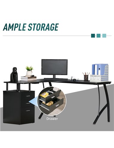 HOMCOM L-Shaped Computer Desk Table with Storage Drawer Home Office Corner Industrial Style Workstation, Black