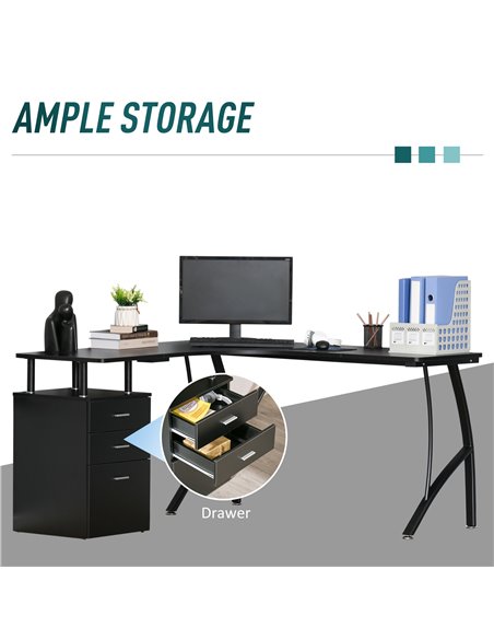 HOMCOM L-Shaped Computer Desk Table with Storage Drawer Home Office Corner Industrial Style Workstation, Black - pic 7560 | FastDaddyshop