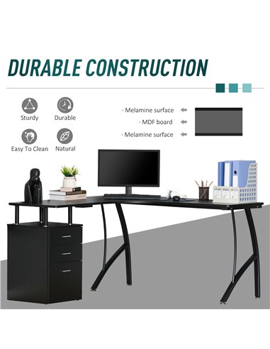 HOMCOM L-Shaped Computer Desk Table with Storage Drawer Home Office Corner Industrial Style Workstation, Black