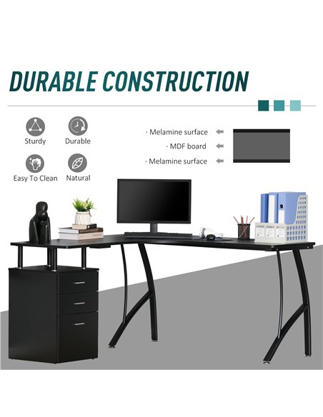 HOMCOM L-Shaped Computer Desk Table with Storage Drawer Home Office Corner Industrial Style Workstation, Black - pic 7561 | FastDaddyshop