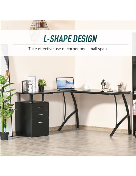 HOMCOM L-Shaped Computer Desk Table with Storage Drawer Home Office Corner Industrial Style Workstation, Black - pic 7563 | FastDaddyshop