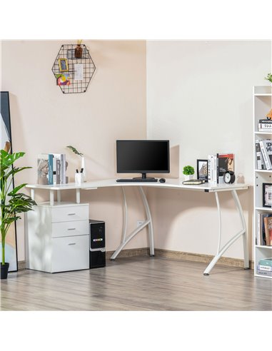 HOMCOM L-Shaped Computer Desk Table with Storage Drawer Home Office Corner Industrial Style Workstation, White