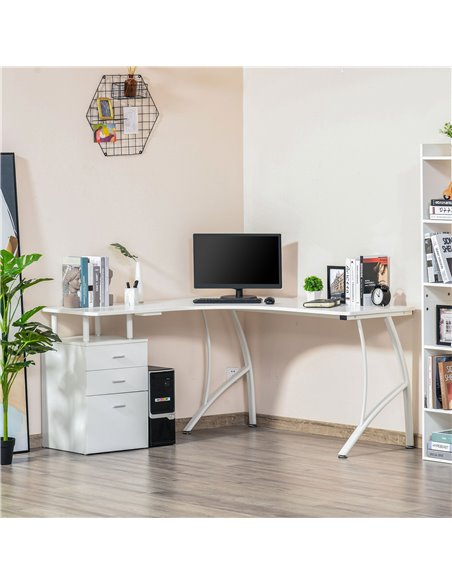 HOMCOM L-Shaped Computer Desk Table with Storage Drawer Home Office Corner Industrial Style Workstation, White - pic 7566 | FastDaddyshop