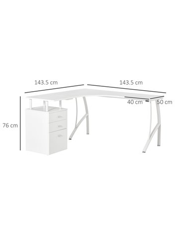 HOMCOM L-Shaped Computer Desk Table with Storage Drawer Home Office Corner Industrial Style Workstation, White