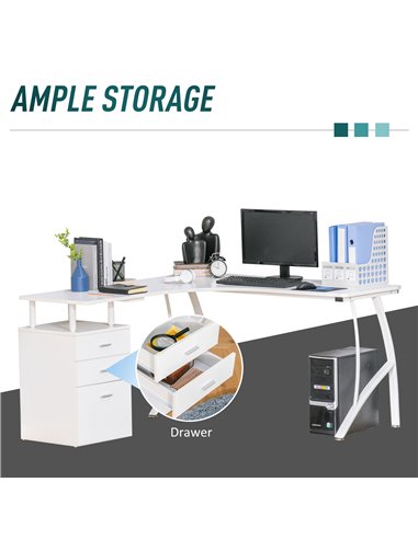 HOMCOM L-Shaped Computer Desk Table with Storage Drawer Home Office Corner Industrial Style Workstation, White