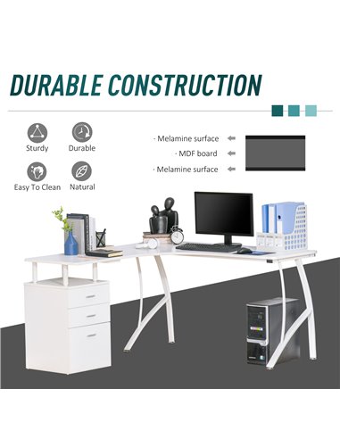 HOMCOM L-Shaped Computer Desk Table with Storage Drawer Home Office Corner Industrial Style Workstation, White