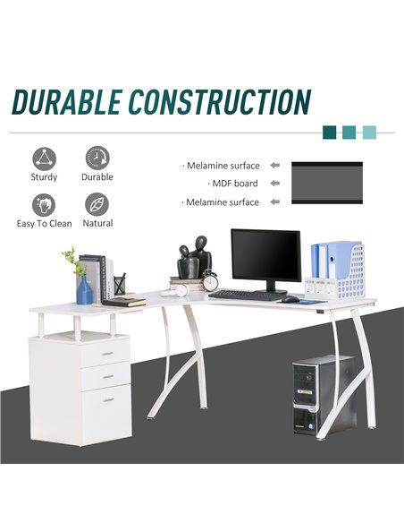 HOMCOM L-Shaped Computer Desk Table with Storage Drawer Home Office Corner Industrial Style Workstation, White - pic 7570 | FastDaddyshop