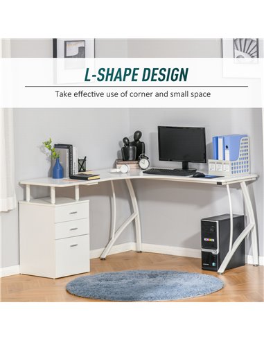 HOMCOM L-Shaped Computer Desk Table with Storage Drawer Home Office Corner Industrial Style Workstation, White