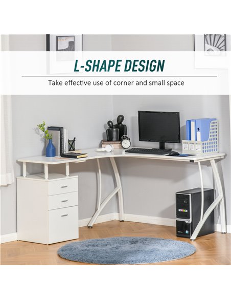 HOMCOM L-Shaped Computer Desk Table with Storage Drawer Home Office Corner Industrial Style Workstation, White - pic 7572 | FastDaddyshop