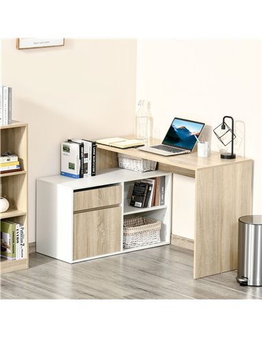 HOMCOM L-Shaped Corner Computer Desk Study Table PC Work w/ Storage Shelf Drawer Office, Oak and White