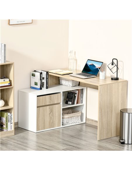 HOMCOM L-Shaped Corner Computer Desk Study Table PC Work w/ Storage Shelf Drawer Office, Oak and White - pic 7574 | FastDaddyshop