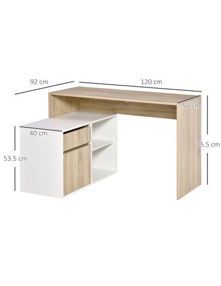 HOMCOM L-Shaped Corner Computer Desk Study Table PC Work w/ Storage Shelf Drawer Office, Oak and White - pic 7575 | FastDaddyshop