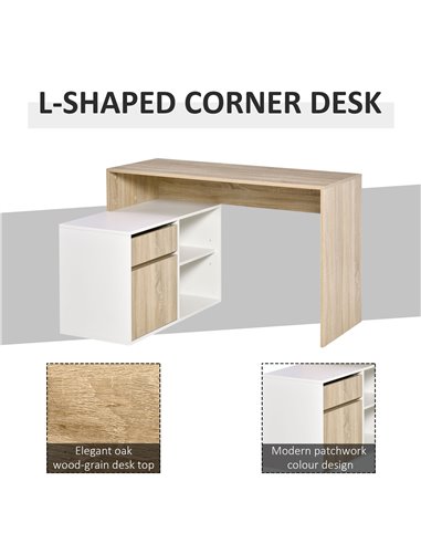 HOMCOM L-Shaped Corner Computer Desk Study Table PC Work w/ Storage Shelf Drawer Office, Oak and White