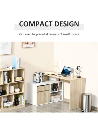 HOMCOM L-Shaped Corner Computer Desk Study Table PC Work w/ Storage Shelf Drawer Office, Oak and White