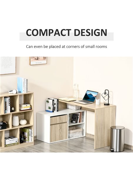 HOMCOM L-Shaped Corner Computer Desk Study Table PC Work w/ Storage Shelf Drawer Office, Oak and White - pic 7577 | FastDaddyshop