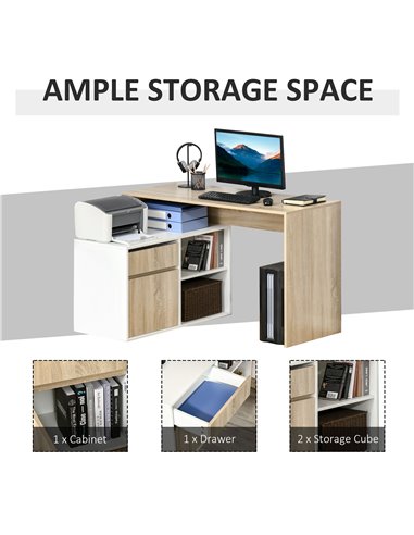 HOMCOM L-Shaped Corner Computer Desk Study Table PC Work w/ Storage Shelf Drawer Office, Oak and White